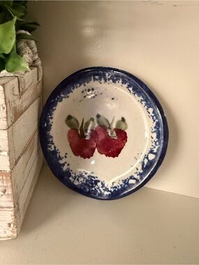 Handmade Pottery Apple Ring Dish Trinket Blue Spongeware Style Studio Pottery